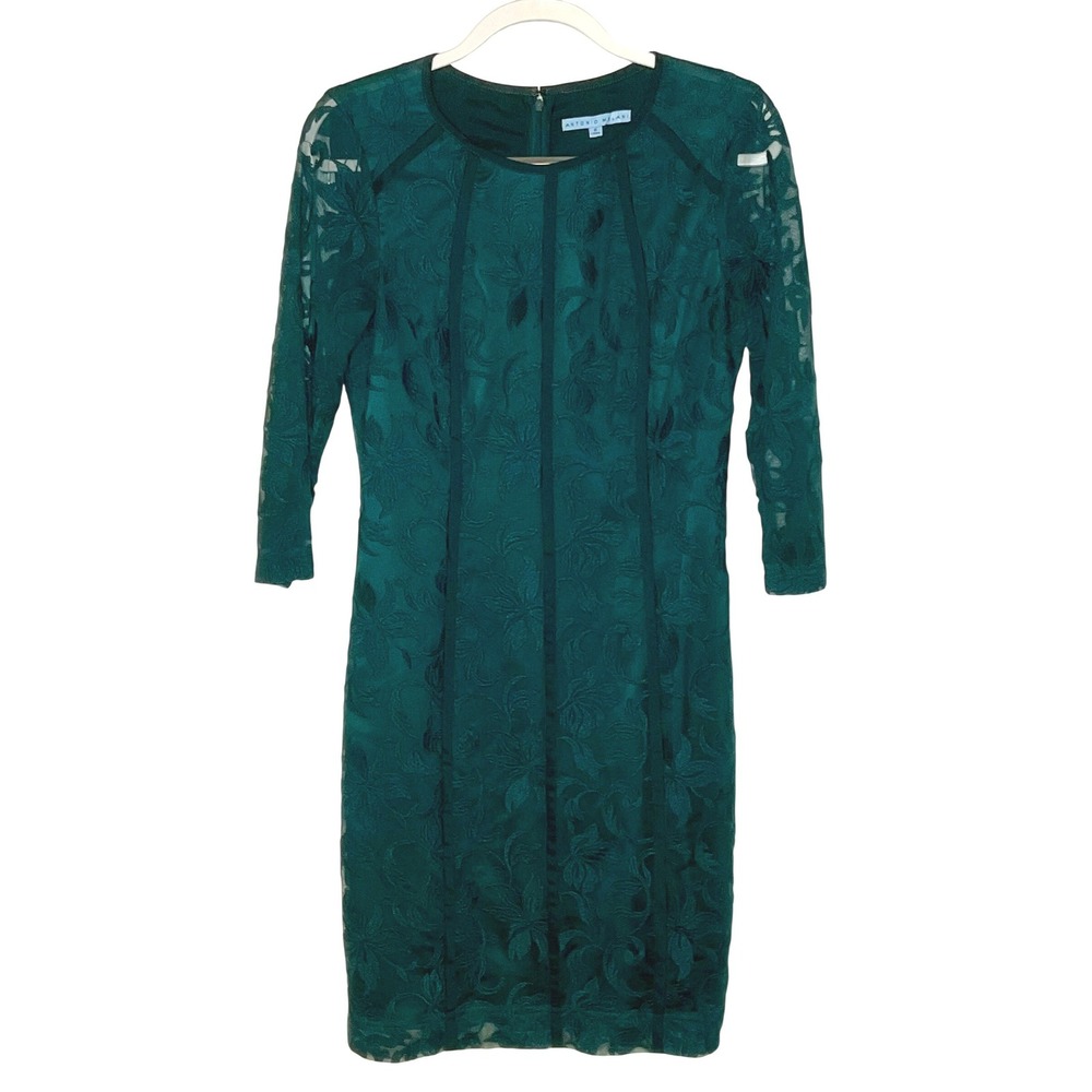 Antonio Melani women's midi dress sheath lace cocktail chic sheer sleeve green 6